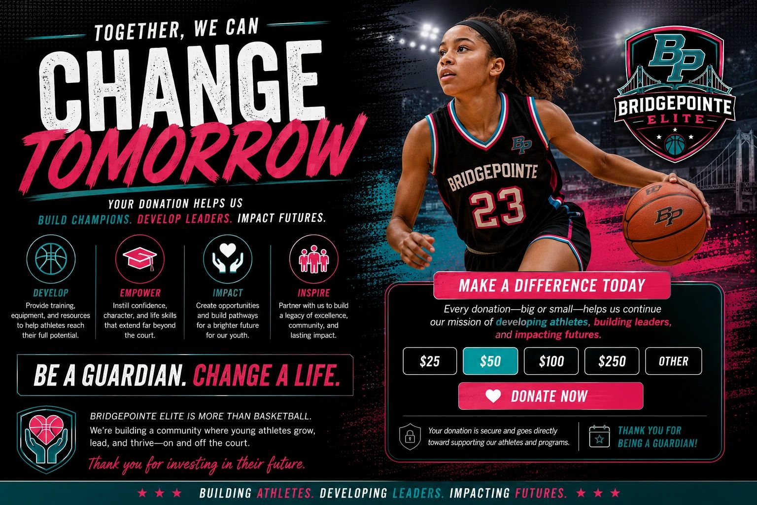 Female basketball player promotes Bridgepointe Elite donation campaign to support youth development.