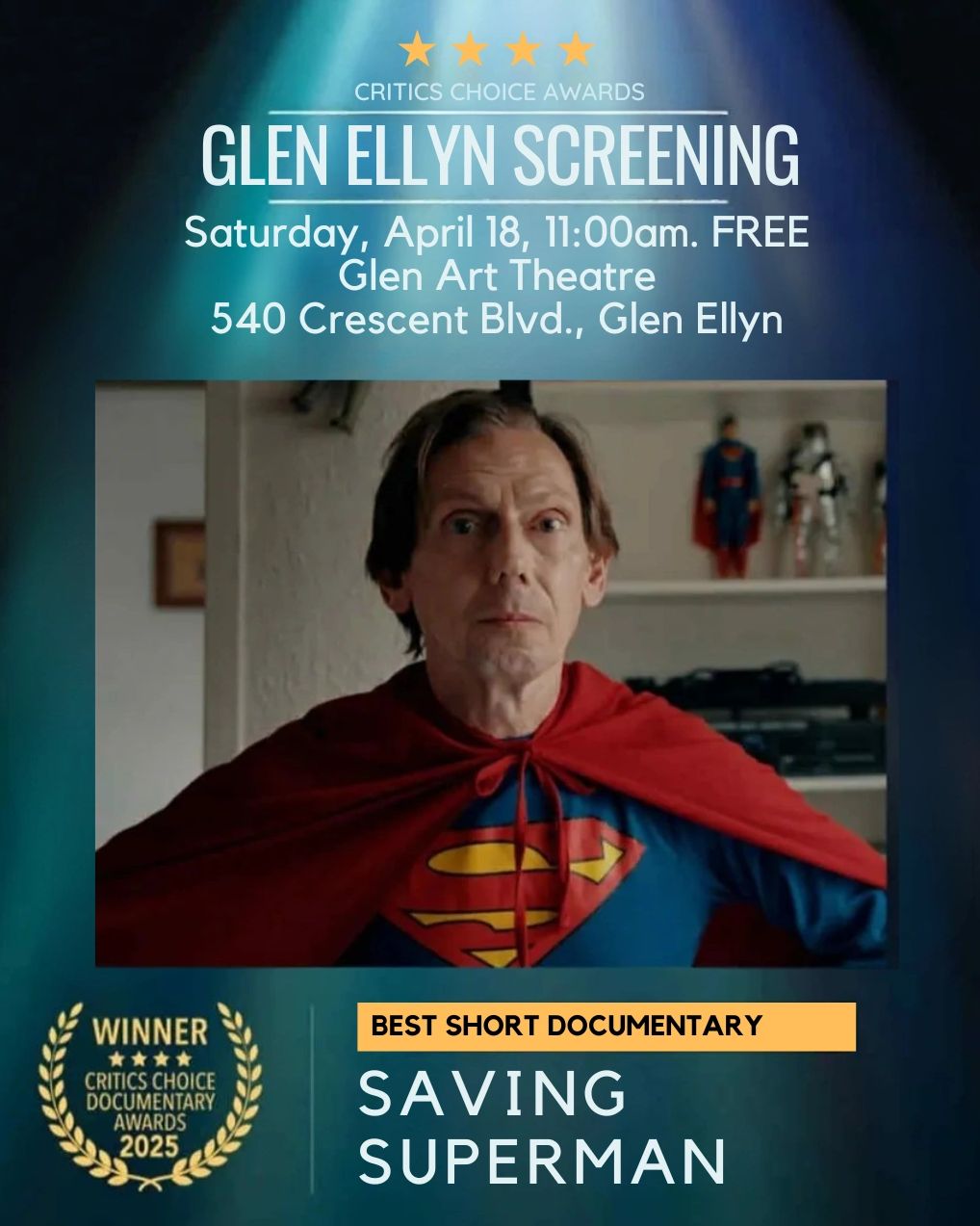 Screening of award-winning documentary "Saving Superman" at Glen Art Theatre on April 18, free admission.