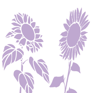 Two purple sunflower graphics facing each other, one has broad leaves, the other a larger flower