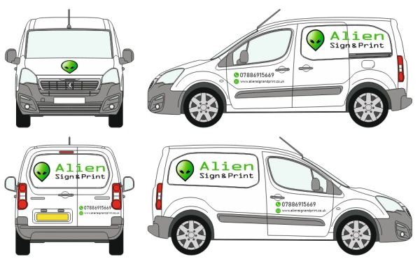 White van with green alien logo and Alien Sign & Print branding on all sides.