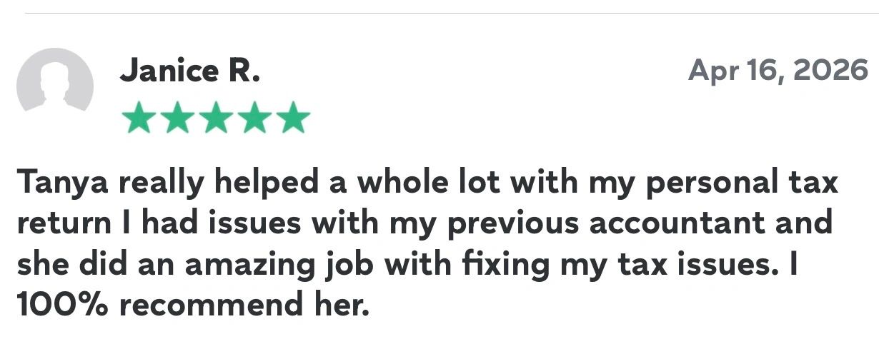 Five-star review praising Tanya's help with personal tax return issues.