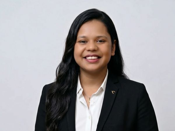 Smiling woman in black blazer and white shirt.