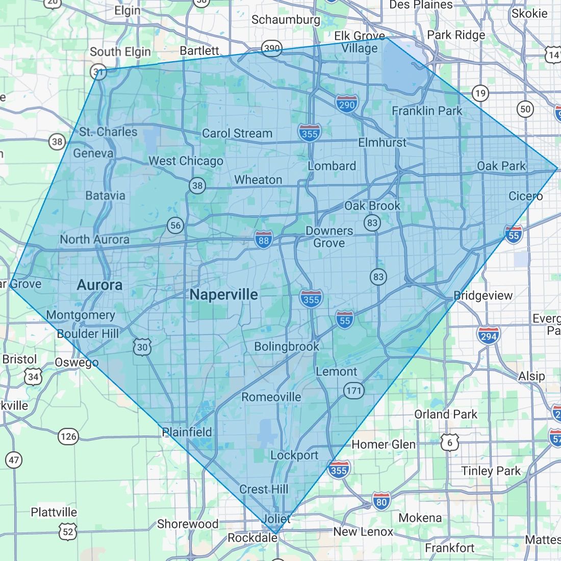 Highlighted map area covering parts of Chicago suburbs.