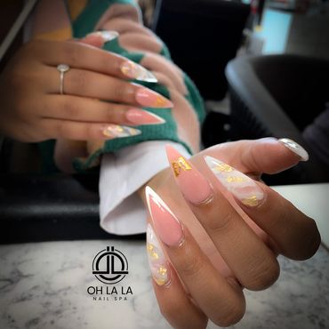 Full Set Acrylic
Marble & Gold Foil Nails design
V-line Art 
Stiletto Shape, Long length 
Butterfly
