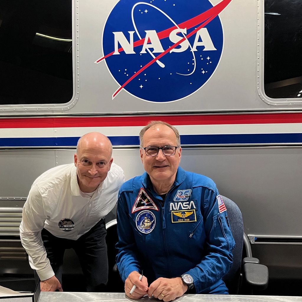 Astronaut Richard (Rick) Hieb at Kennedy Space Center Florida with David Drexler.