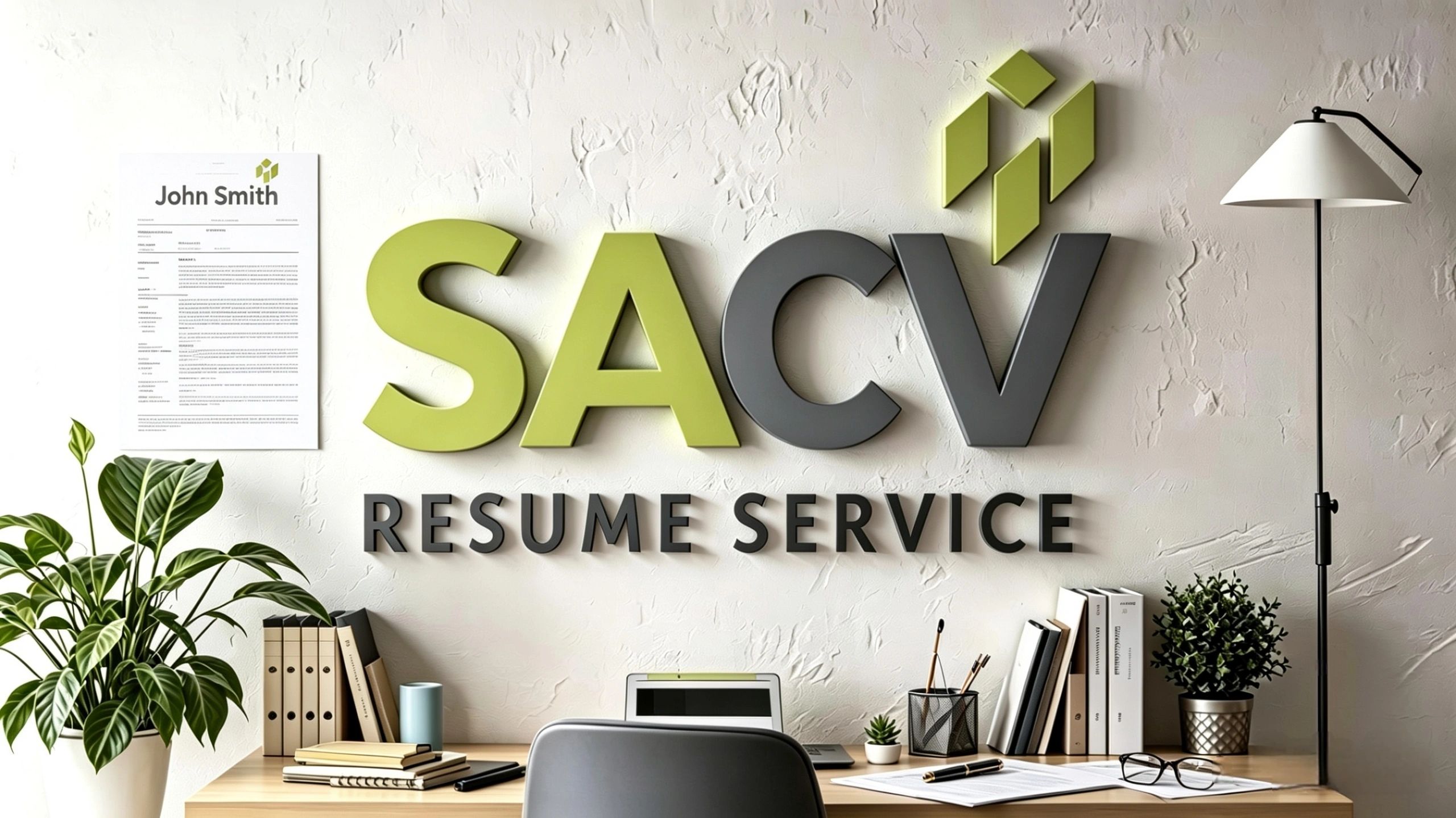Modern office setup with SACV Resume Service logo on textured wall.