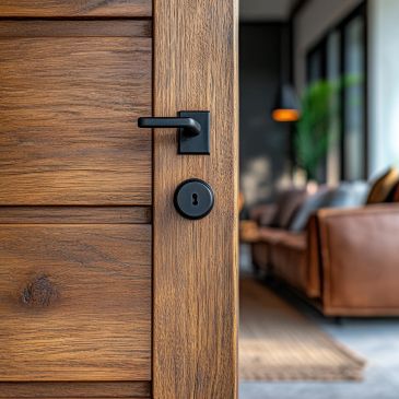 Close-up of a wooden door with a modern black handle and lock.