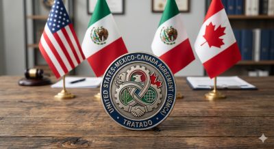 Flags of the US, Mexico, and Canada behind a USMCA treaty emblem on a wooden table.