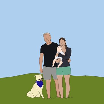 Digital family portrait of mom, dad, baby, and dog on a green lawn with blue sky overhead