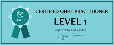 A certified QHHT Practitioner Level 1 badge with Julia Cannon's approval.
