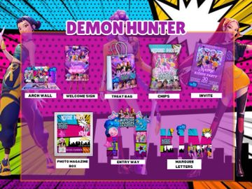 Demon Hunter party supplies featuring themed decorations and accessories.
