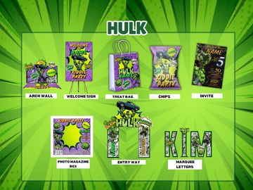 Hulk-themed party essentials with vibrant green designs and comic-style graphics.