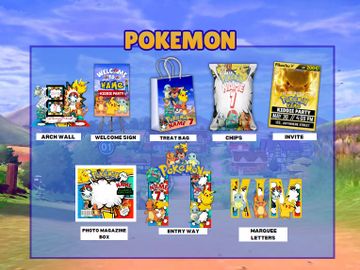 A set of Pokemon-themed party supplies including signs, bags, and letters.