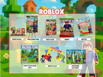 Roblox party decorations including signs, bags, and photo props.