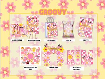 Groovy-themed party decorations in pink and yellow with floral patterns.