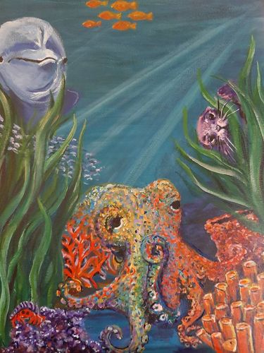 Colorful painting of a n underwater scene featuring octopus, dolphin, sea lion, etc.
