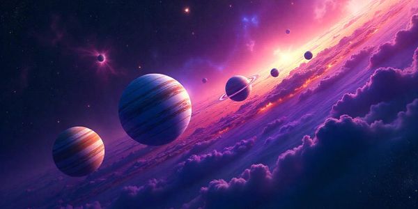 A vibrant cosmic scene with planets and glowing nebulae in deep space.