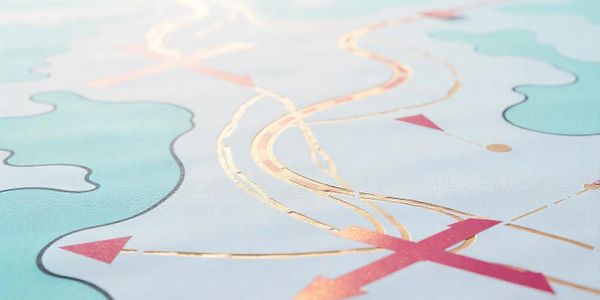 Abstract map with gold lines and pink arrows on a pastel background.