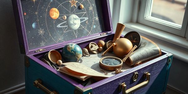 A vintage box filled with celestial models, a compass, and old maps by a window.