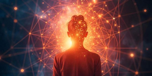 Person facing glowing interconnected light network symbolizing neural connections.