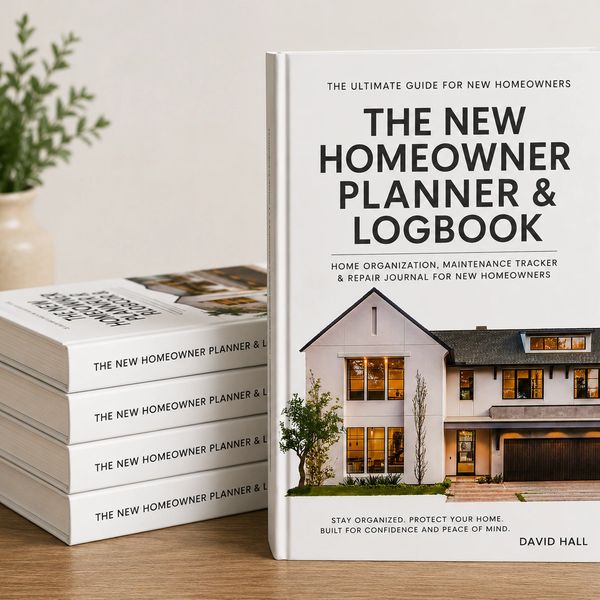 Stack of home organization planners titled 'The New Homeowner Planner & Logbook'.