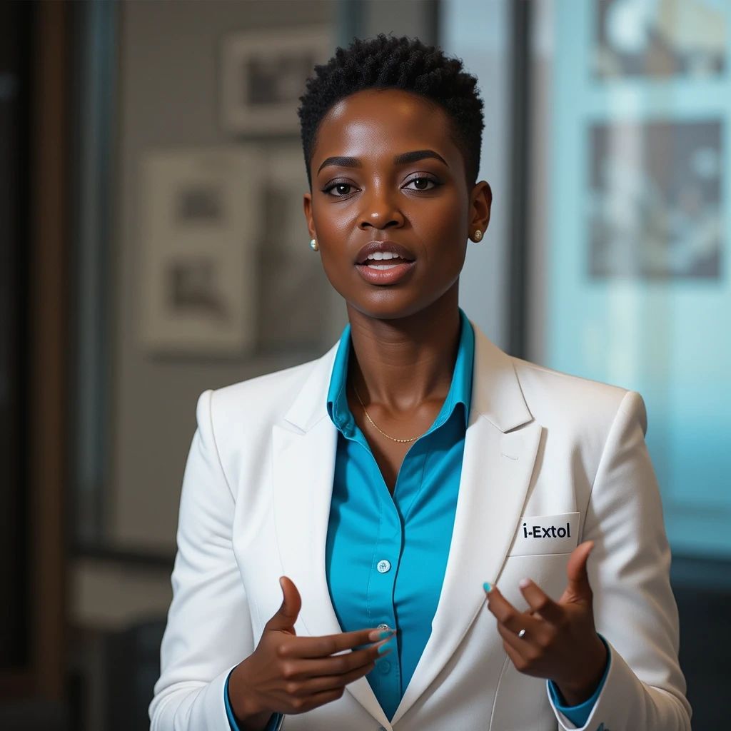 Professional woman in white blazer speaking confidently indoors.