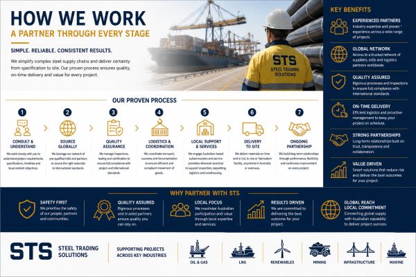 Infographic detailing STS's steel supply chain process and key benefits.