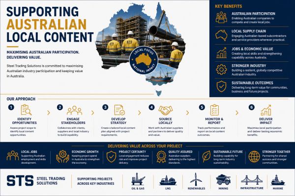 Infographic on supporting Australian local content and industry participation by Steel Trading Solutions.