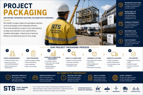 Infographic detailing STS project packaging process, benefits, and industry support.