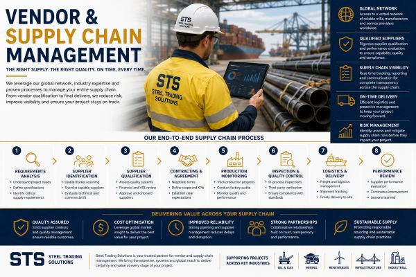 Vendor and supply chain management process by Steel Trading Solutions ensuring quality and timely delivery.