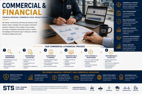 Infographic detailing commercial and financial services and processes by STS Steel Trading Solutions.