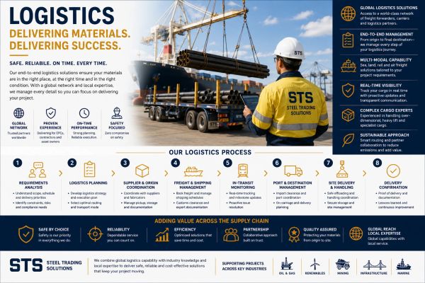 Steel Trading Solutions worker managing logistics of steel pipes at port with detailed process overview.