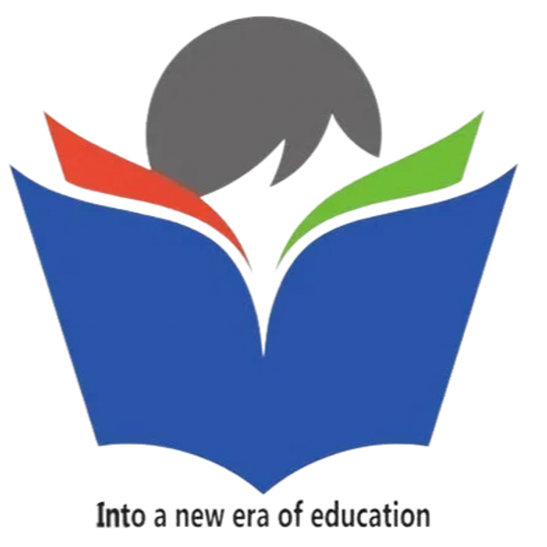 Education-themed logo with book and colorful shapes.