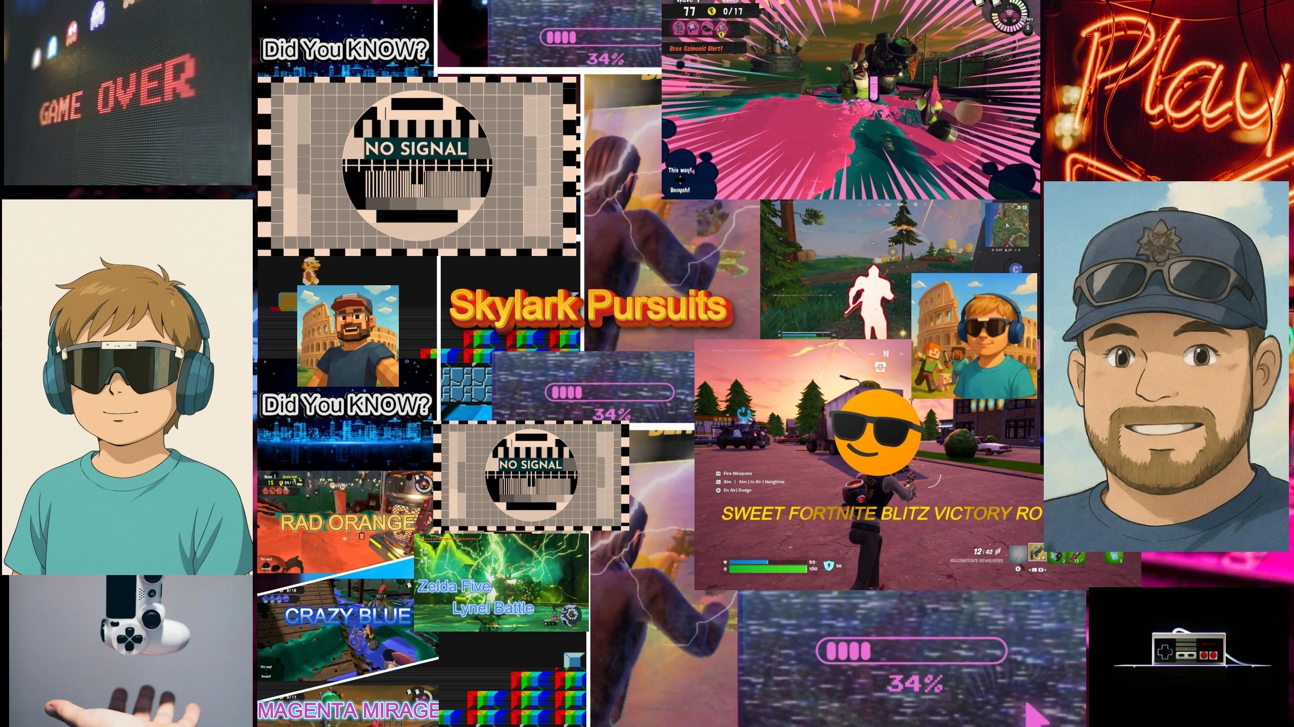 Collage of gaming-themed images, characters, and retro video game elements.