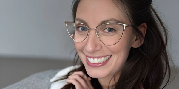Smiling woman wearing stylish glasses with long hair.