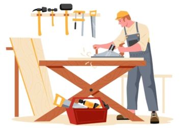 Carpenter working with wood in a workshop.