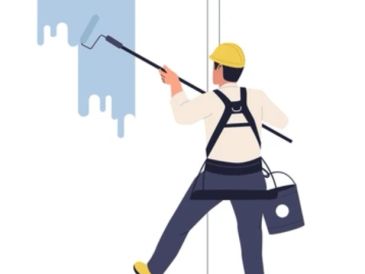 Worker painting a wall with a roller.