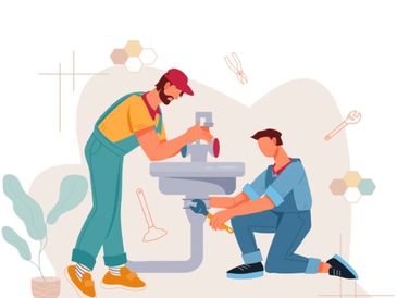Two plumbers fixing a pipe together.