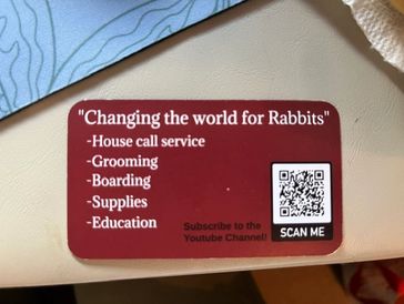 Sticker promoting rabbit care services and YouTube channel subscription with QR code.