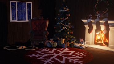 A room decorated for Christmas during winter with toys and presents on the rug and a Christmas tree.