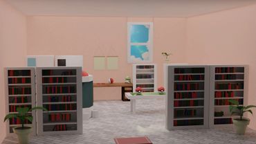 a 3d art of a sunny room with a variety of plants, bookshelves, pokeballs, and a bright window.