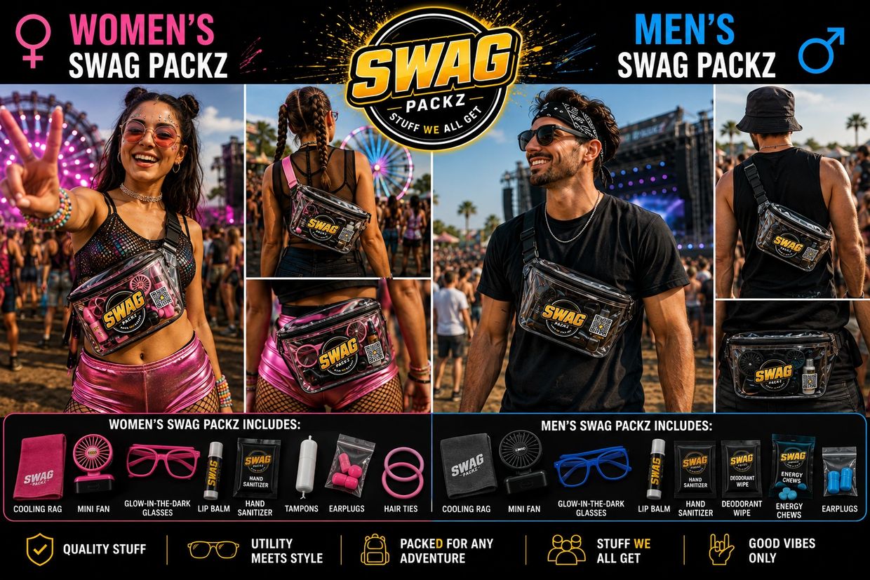 Women and men swag packs with festival essentials.