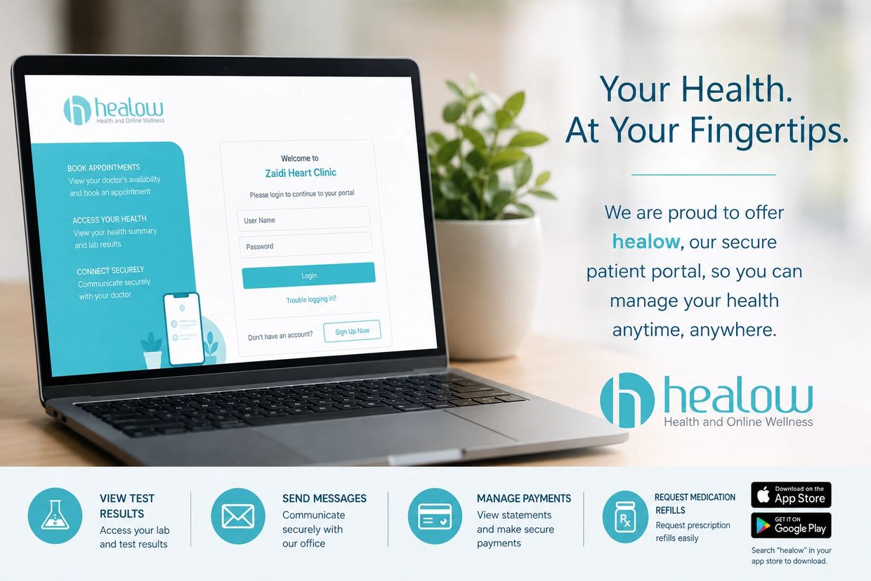 Healow patient portal on a laptop promoting secure health management and appointment booking.