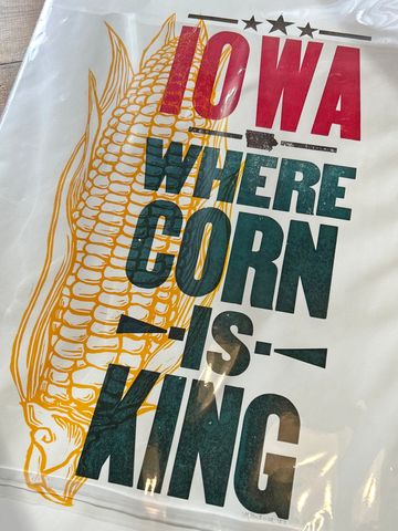 This massive 30" tall poster is a wonderful Lino-Letterpress Combo of wood type and an ear of corn c