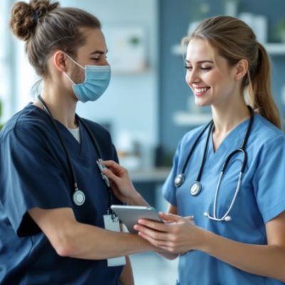 Two healthcare professionals in scrubs discussing patient data on a tablet.