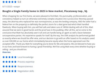 Positive review praising Matt's professionalism and expertise in buying a home.