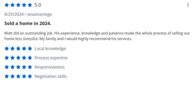 Five-star review praising Matt's expertise in selling a home in 2024.