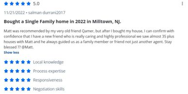 Positive review for Matt's real estate services in Milltown, NJ.
