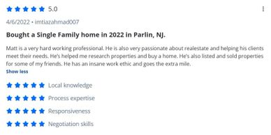 Five-star review praising a real estate agent's dedication and expertise.