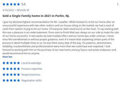 A 5-star positive real estate review praising Mr. Lewellen's expertise and professionalism.